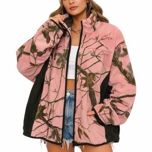 Pink Camo Fleece Jacket Oversized 2XL – Y2K Outdoorsy Zip Up💕✨